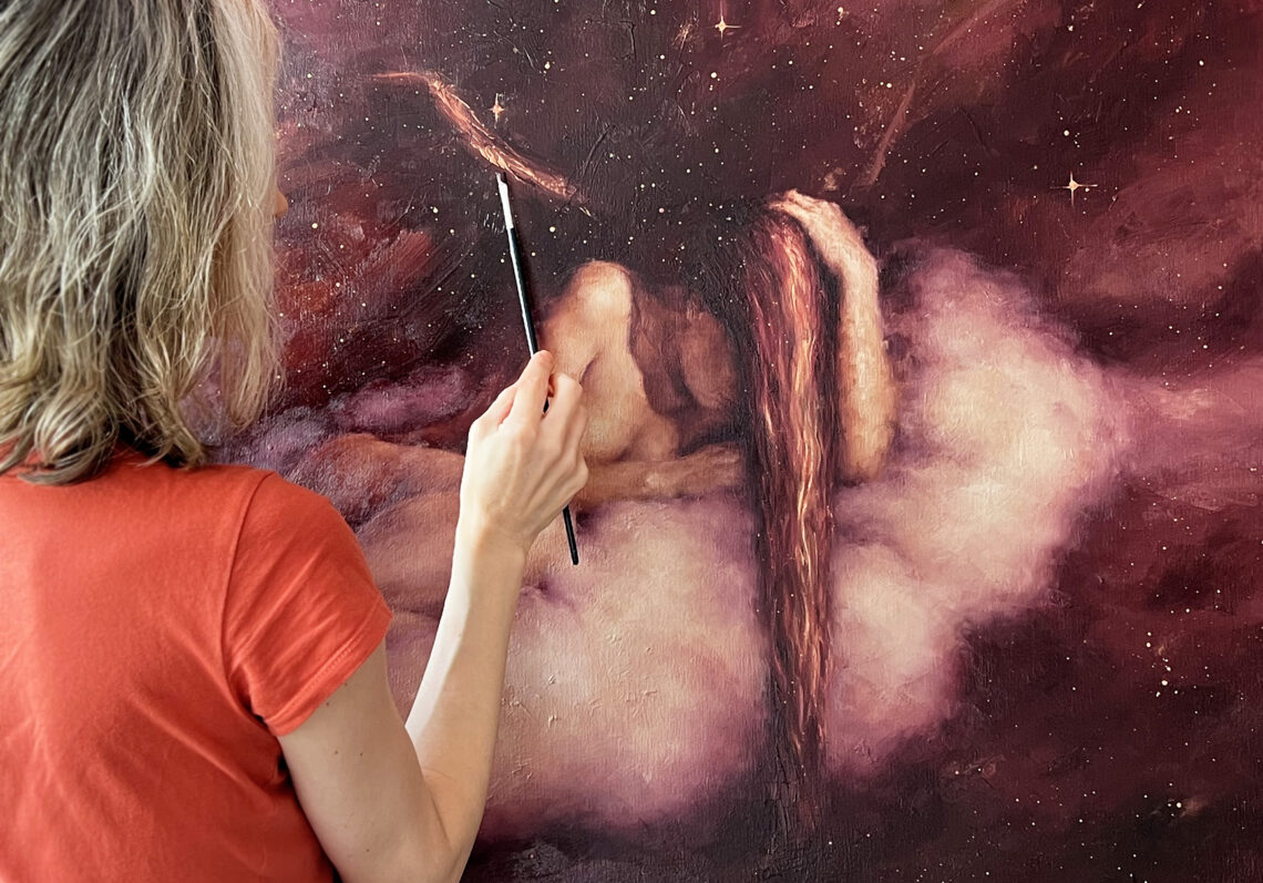 Artist Alexandrina Karadjova painting her artwork "A Little Light"