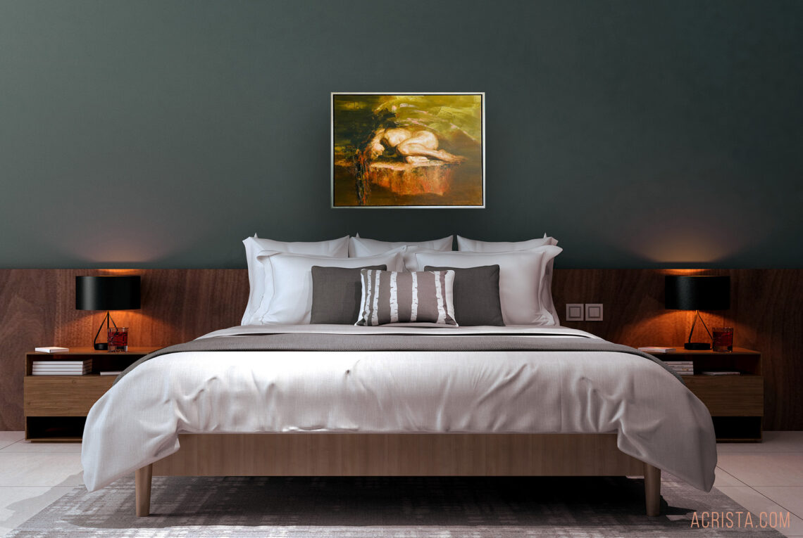 Acrista Art Painting "Silently" in a modern bedroom with dark green wall