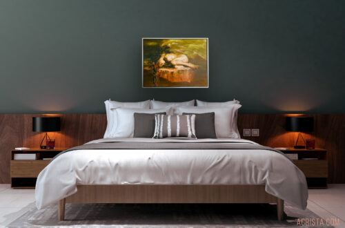 Acrista Art Painting "Silently" in a modern bedroom with dark green wall