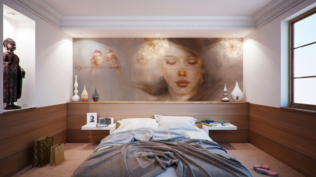 Acrista Art Painting "Dreaming of Serenity" as a wall paper in a bedroom
